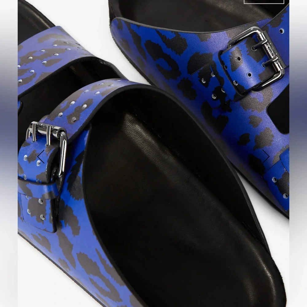 NWT The Kooples Unisex/Men’s Blue Leopard-print Leather Sandals